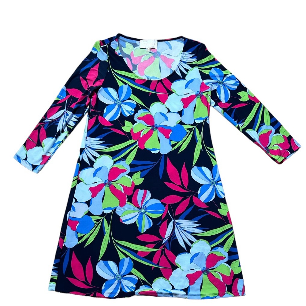Pappagallo Erin Floral-Print Sheath Navy Dress Three Quarter Sleeve Size Medium